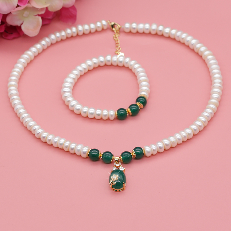 Bộ Chuỗi Ngọc Trai Làm Quà Tặng Đá Mã Não Xanh Sang Trọng - BNJ1308 - Bảo Ngọc Jewelry