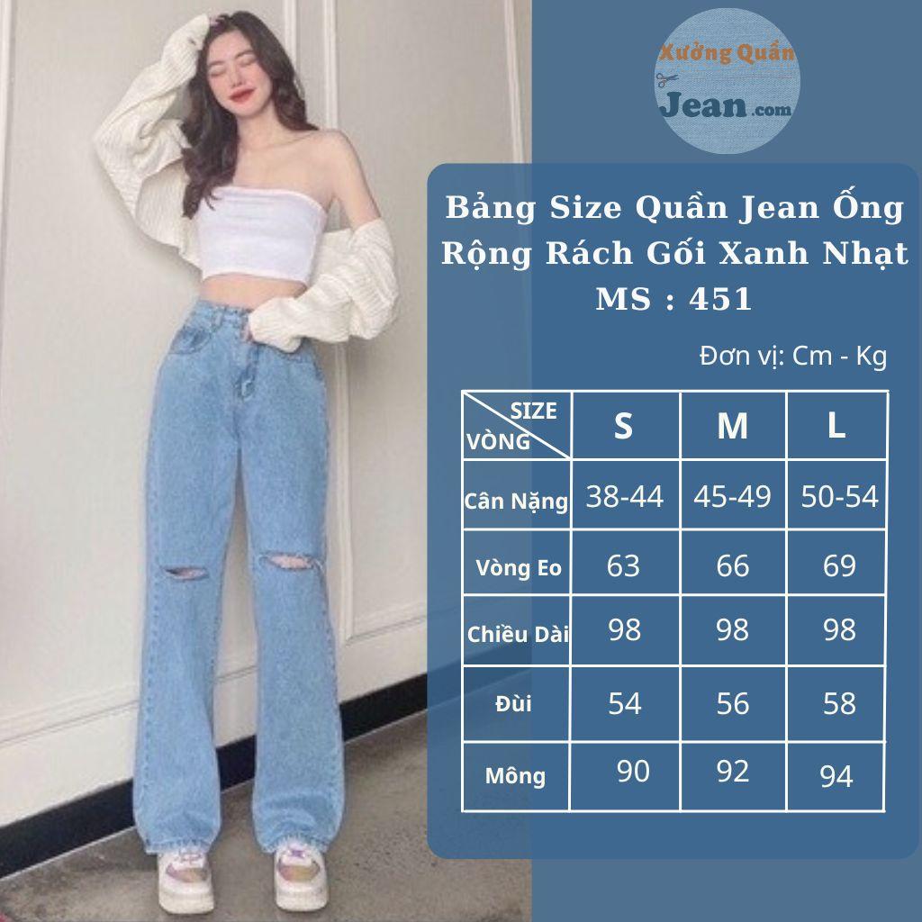Quần Jean Nữ Ống Rộng Rách Gối Lưng Cao Dáng Suông, Quần Bò Rách Gối Màu Xanh Nhạt Sang Chảnh Size SML 451