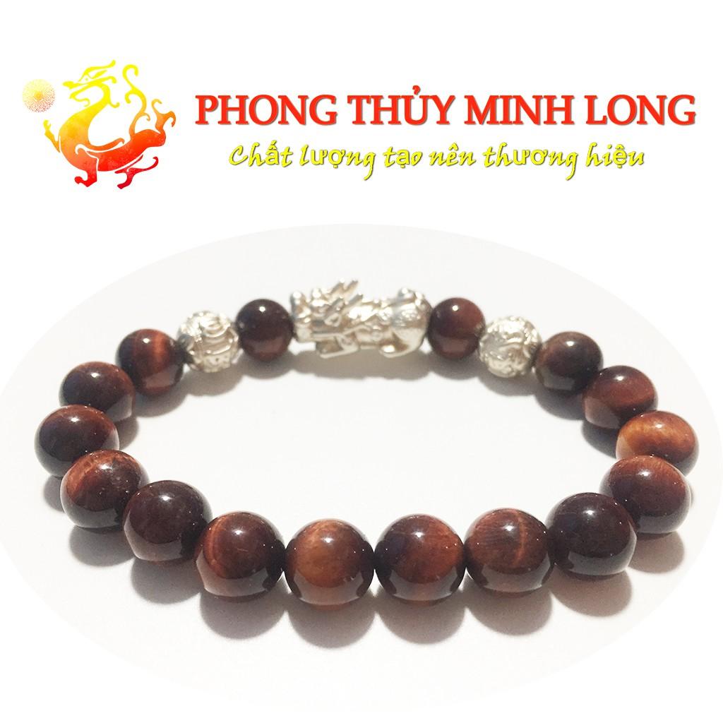 Vòng tay đá mắt hổ Đỏ Nâu chất lượng 5A mix Tỳ Hưu và 2 hạt kim tiền Bạc hợp mệnh Hỏa và Thổ