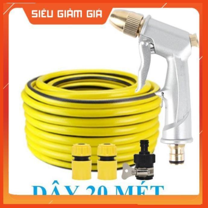 Bộ dây vòi xịt nước rửa xe, tưới cây . tăng áp 3 lần, loại 20m 206701 đầu đồng, cút, nối đen