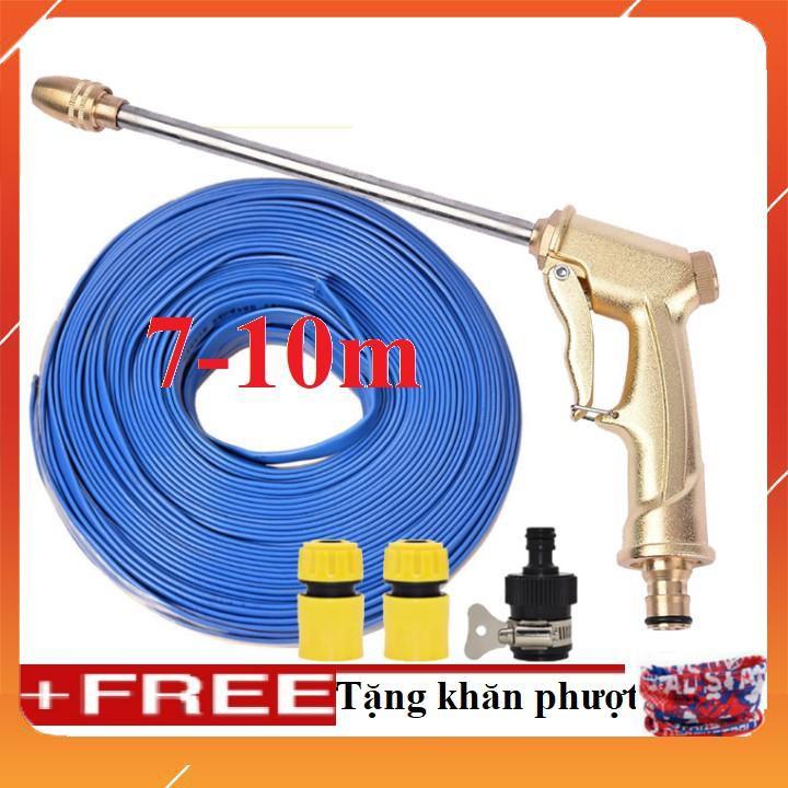 Bộ dây vòi xịt bơm nước tưới rửa , tăng áp 3 lần, loại 7m, 10m 206701-3 đầu đồng, cút+ khăn phượt