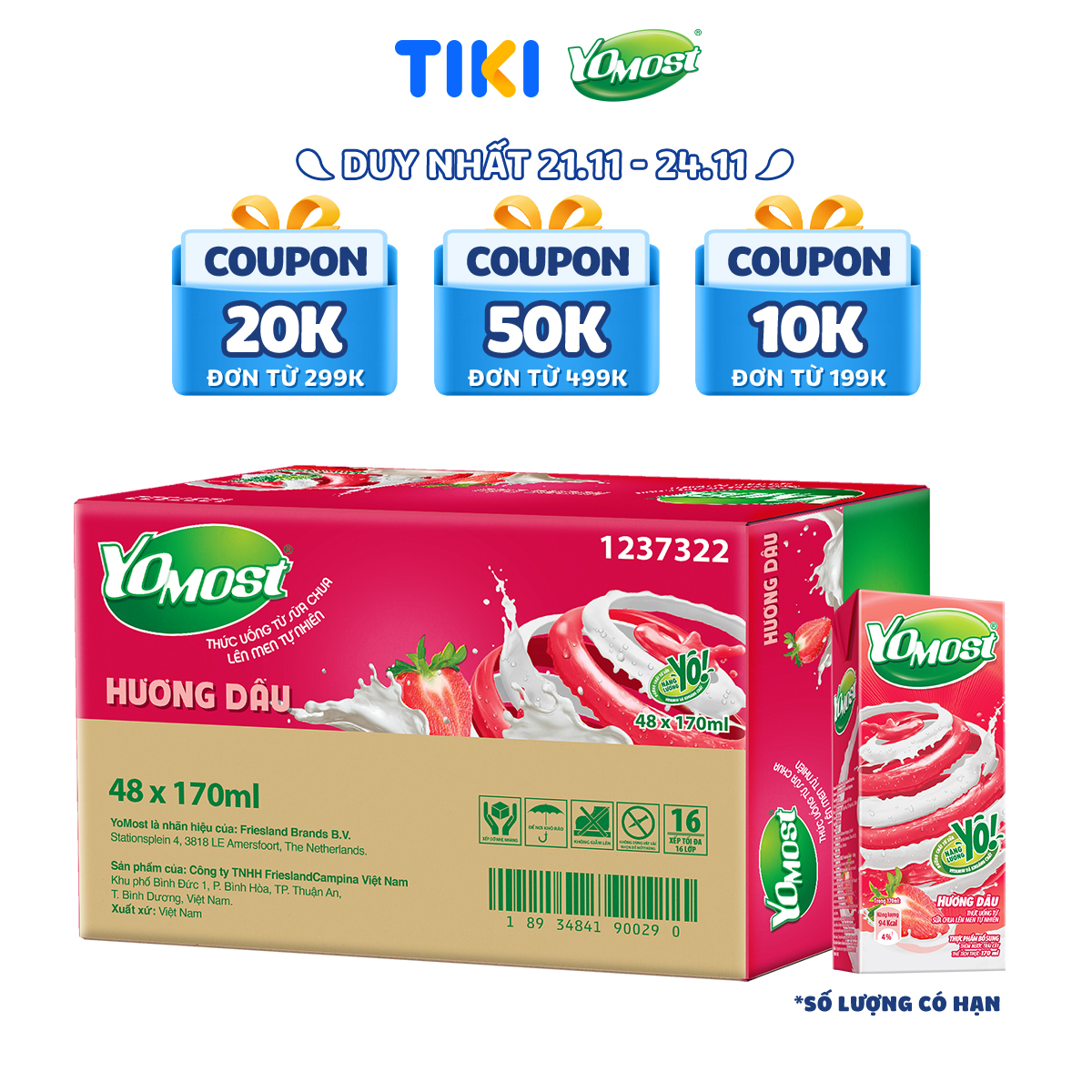 Thùng 48 Hộp Sữa Chua Lên Men Tự Nhiên Yomost Vị Dâu (170ml/Hộp)