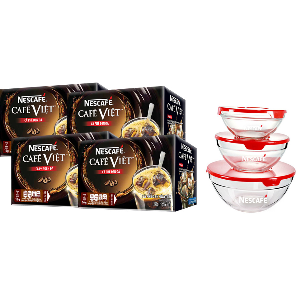 Combo 4 hộp cà phê hòa tan Nescafé café Việt cà phê đen đá (Hộp 15 gói x 16g) [Bộ 3 thố thủy tinh Nescafe]