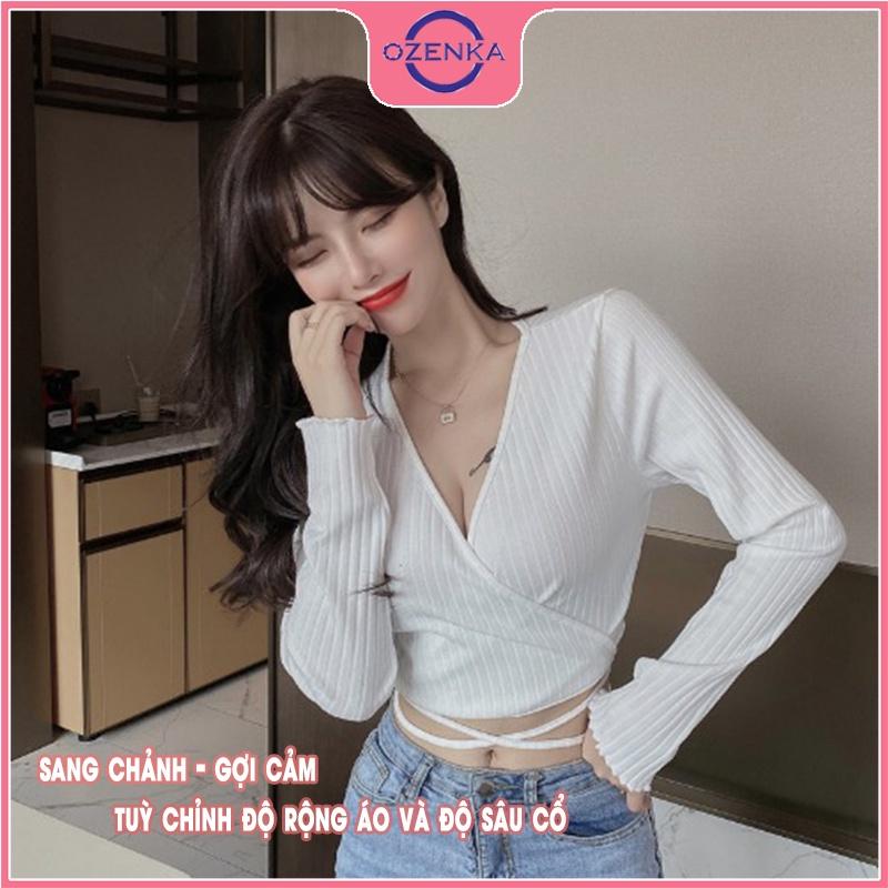 Áo croptop dệt kim tay dài buộc dây ôm body nữ OZENKA, crt cổ V len gân 100% cotton đen trắng size dưới 52 kg