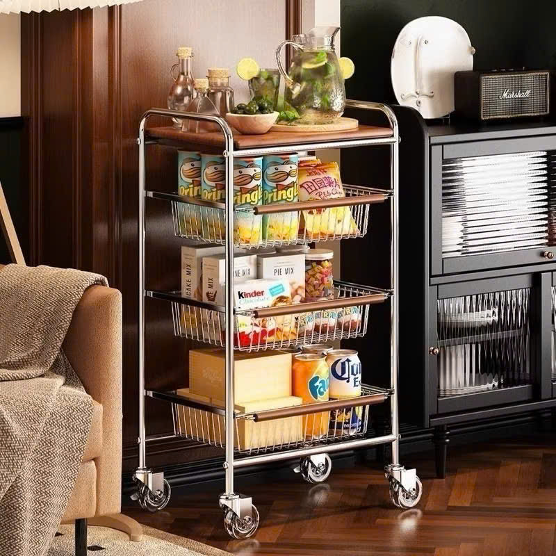 Xe Đẩy Kệ Để Đồ Đa Năng Nhiều Ngăn Tầng Có Ván Gỗ Retro Vintage – Khung Kim Loại Chắc Chắn, Kệ Trang Trí Nhà Bếp Phòng Khách - HÀNG CHÍNH HÃNG MINIIN