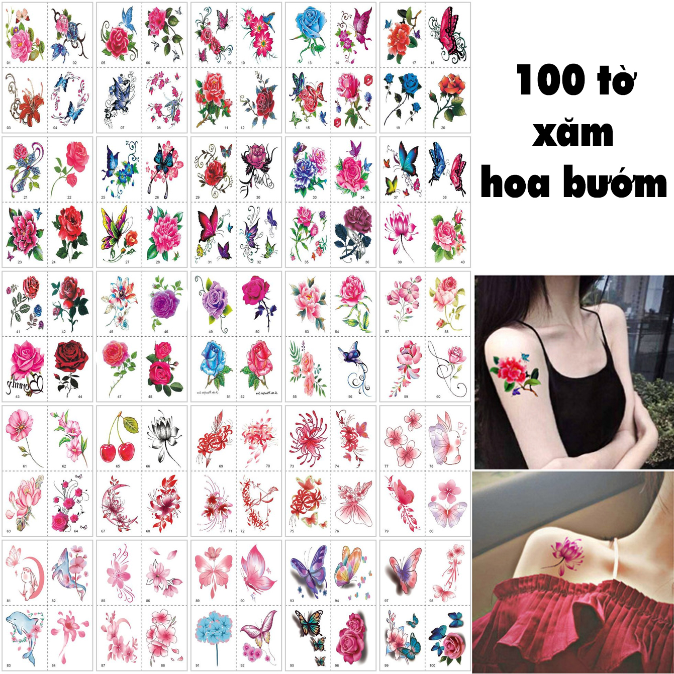 Set 100 tờ hình xăm dán tạm thời hoa hồng cá voi cá heo cô gái thời trang unisex Legaxi