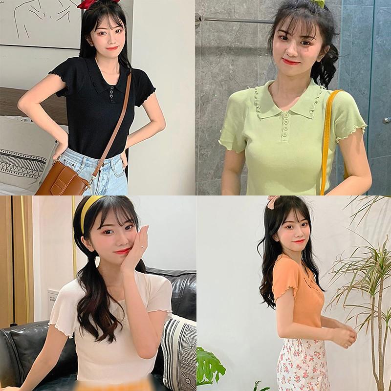 Áo Dệt Kim Tay Ngắn Màu Trơn Thiết Kế Thanh Lịch