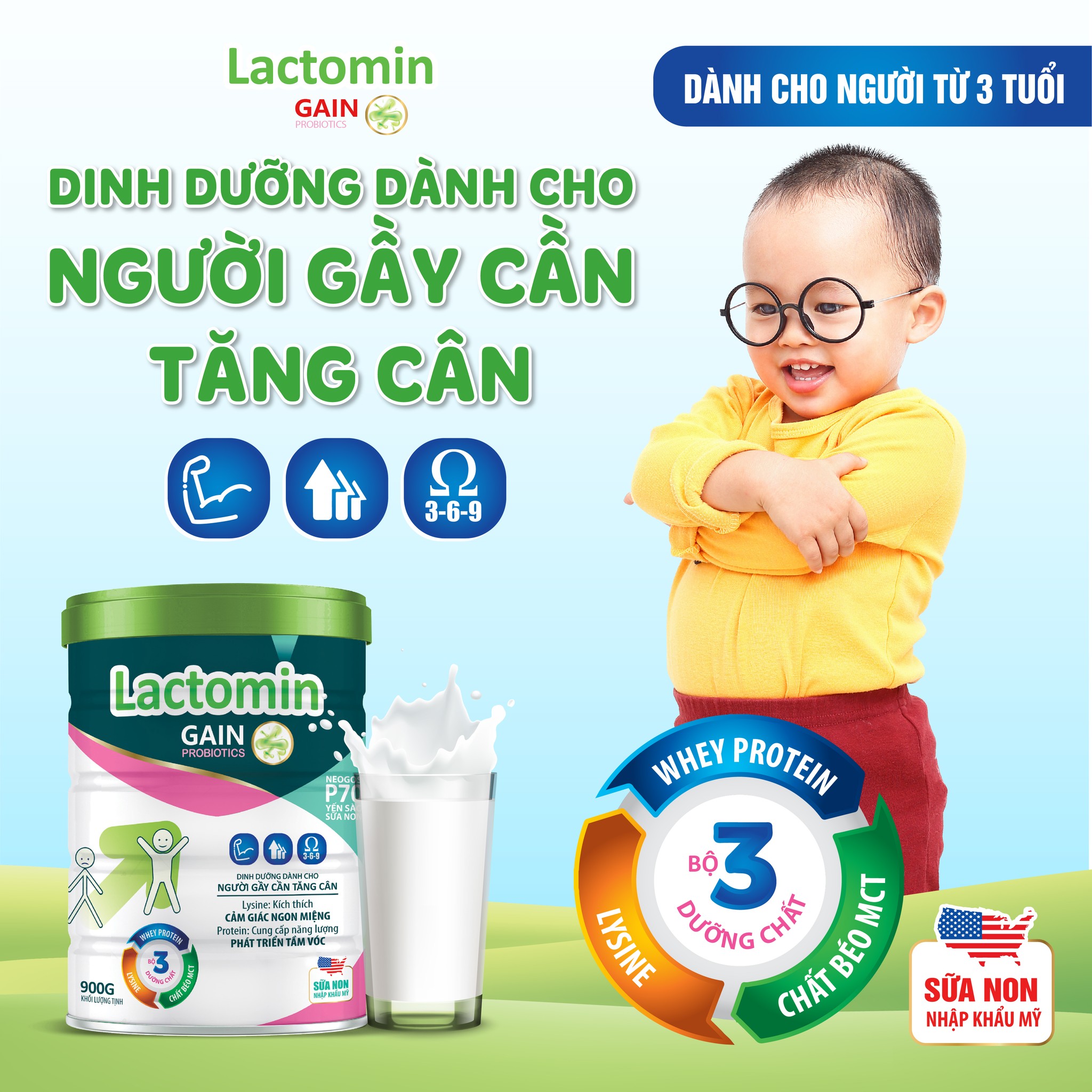 Sữa Mát Lactomin Gain 900g ( Trên 3 tuổi)- Hấp Thụ, Tăng Cân