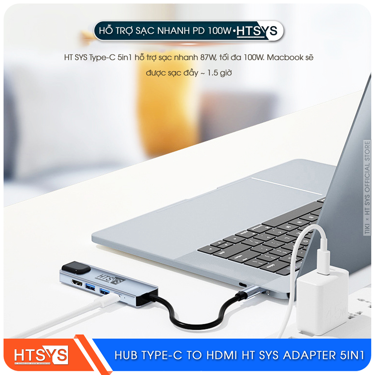 Hub Type C HT SYS 5 in 1 To HDMI, USB 3.0, Lan, PD 100W - Hàng Chính Hãng