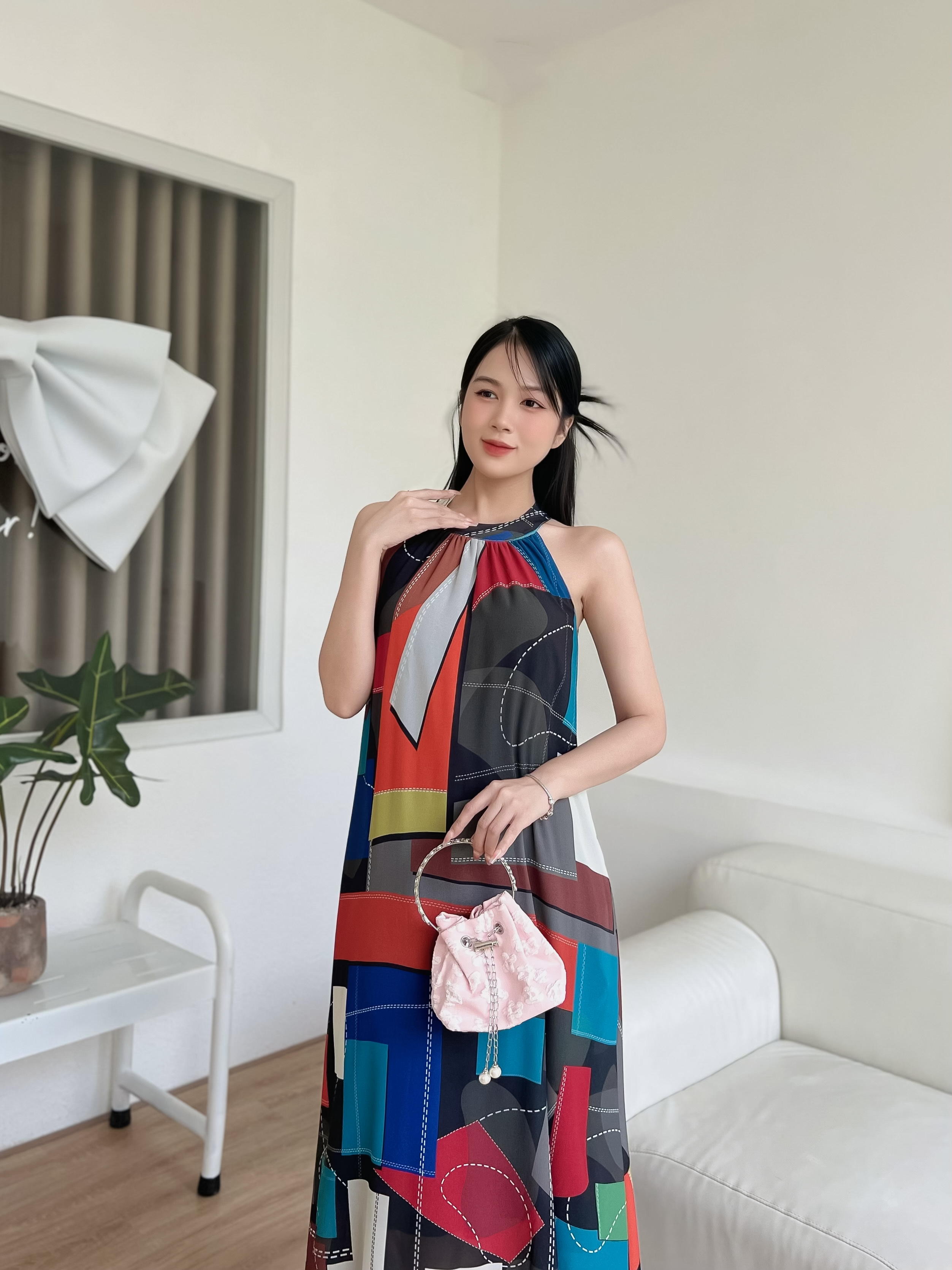 [HCM] Đầm maxi voan Hàn in họa tiết kẻ ô lập thể - MS114