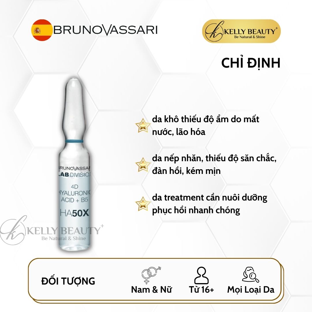 Huyết Thanh Căng Bóng Da Bruno Vassari HA50X 4D Hyaluronic Acid + B5 - Cấp Ẩm Đa Tầng, Săn Chắc Da - Kelly Beauty