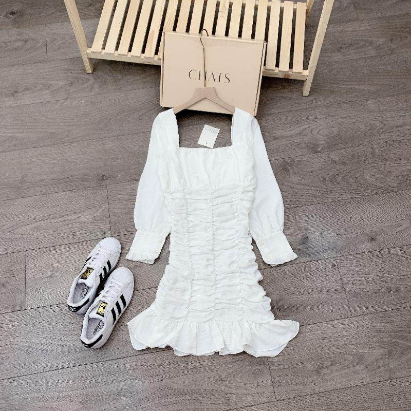 Váy trắng rúm cổ vuông đuôi cá