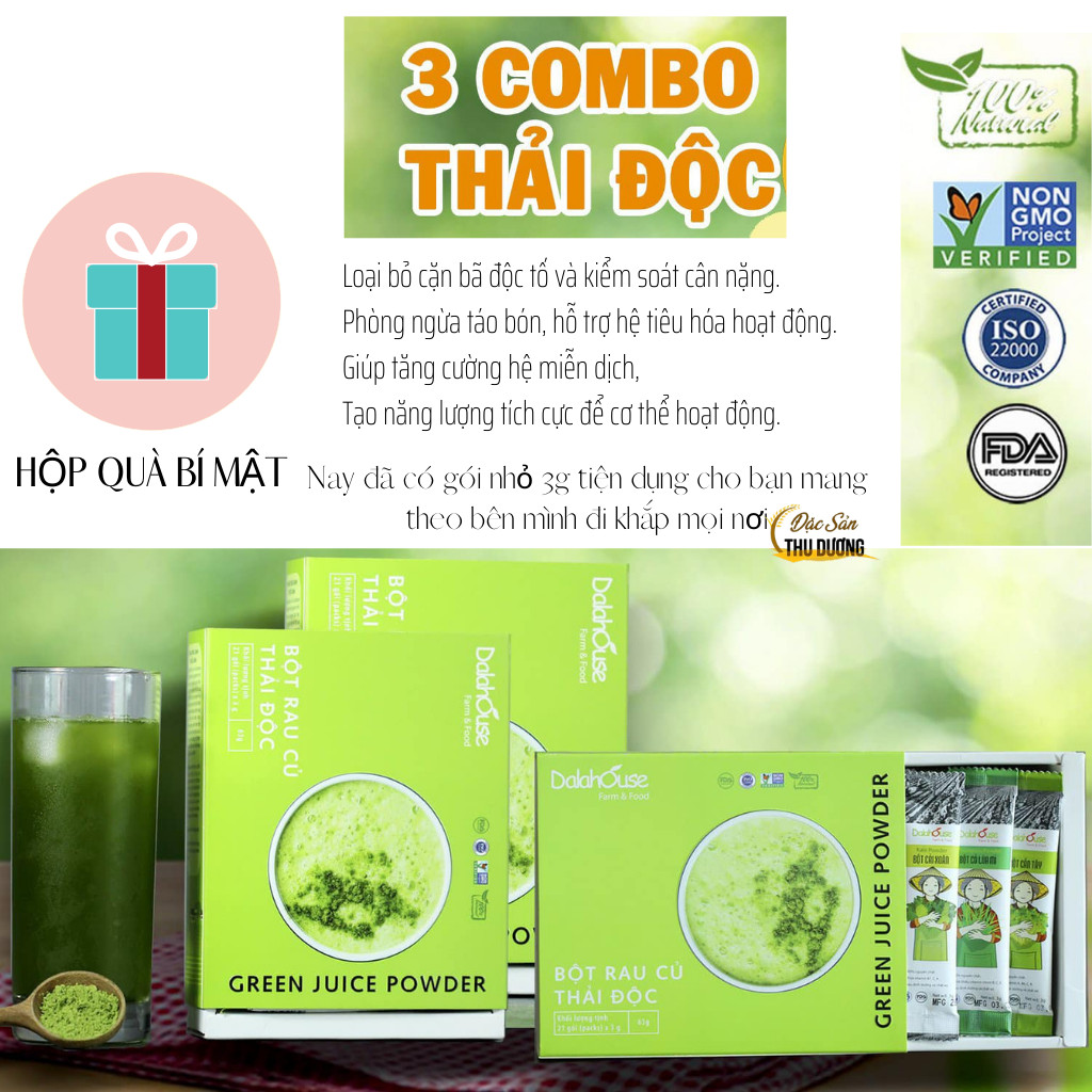 3 Hộp Combo Detox thải độc - Bột rau củ hữu cơ sấy lạnh Dalahouse - Mỗi hộp 21 gói 3gr với 7 loại rau củ có tác dụng bổ sung dinh dưỡng, hỗ trợ giảm cân, Thải độc, thanh lọc cơ thể