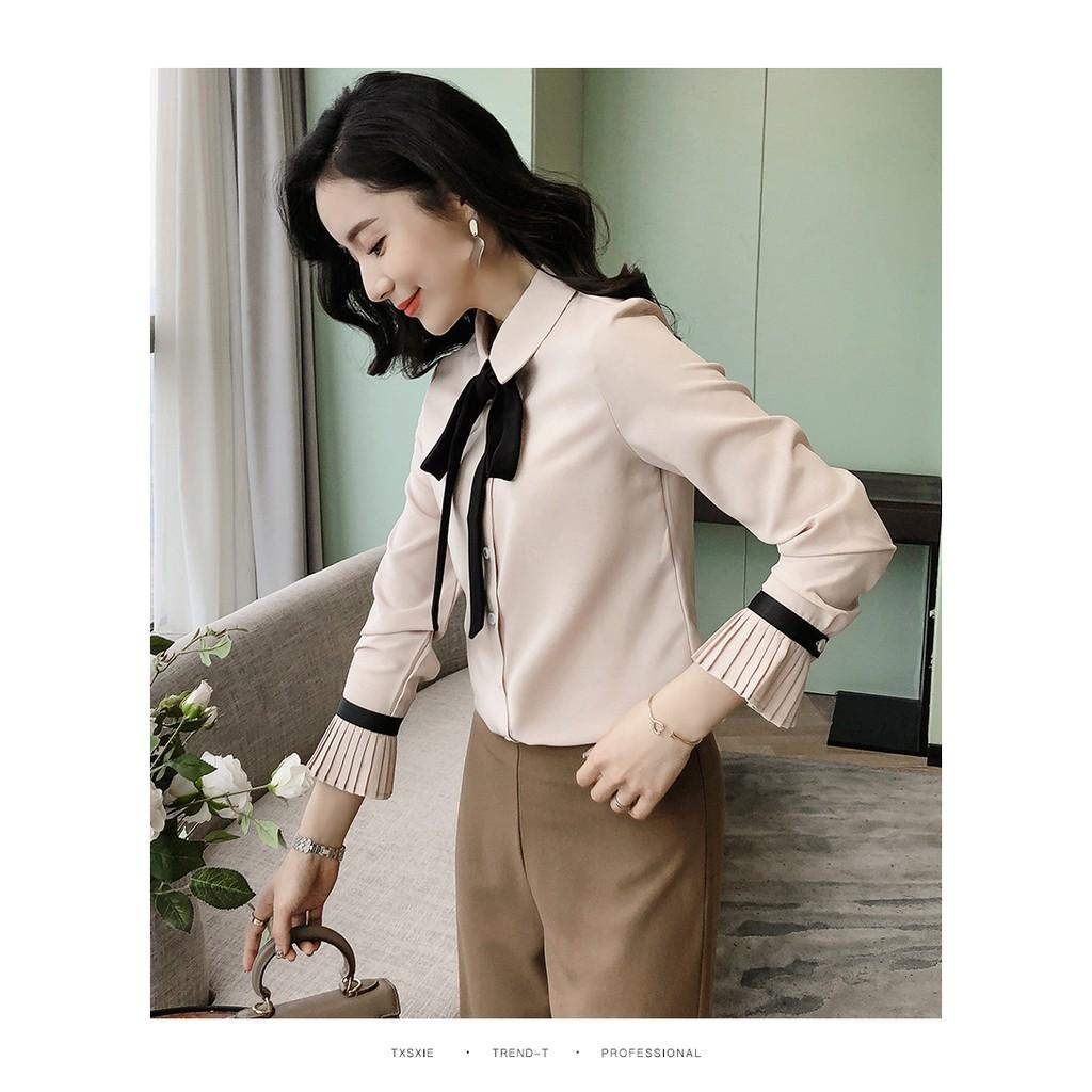 Áo sơ mi nữ cổ nơ tay chumpet xinh xắn, thời trang trẻ, phong cách Hàn Quốc