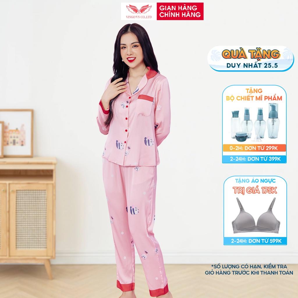 Đồ bộ nữ mặc nhà Pyjama VINGO Lụa Pháp cao cấp tay dài quần dài hình cốc trà sữa nền hồng mùa Thu Đông H561 VNGO - TDQD