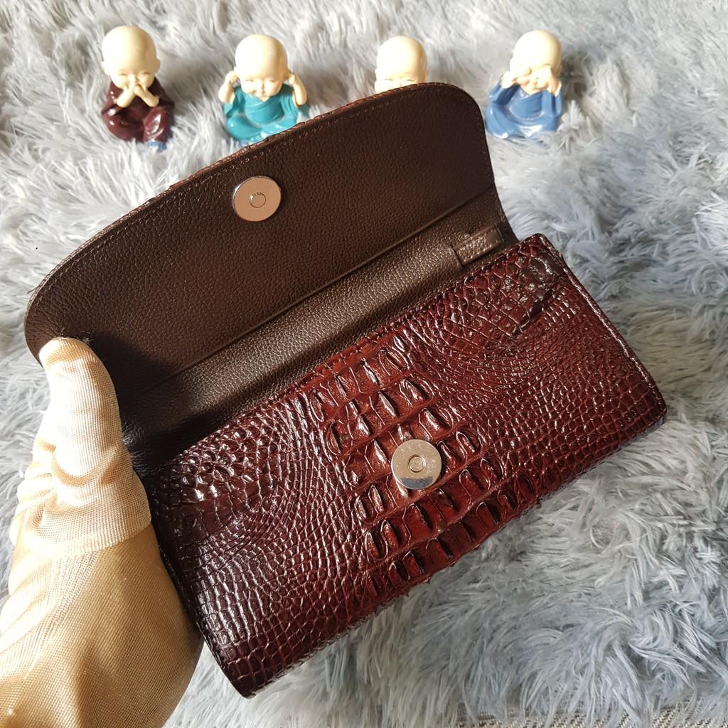 Ví Cầm Tay Cá Sấu Nữ | Ví Clutch Da Cá Sấu Gù Nhỏ | Màu Nâu Cafe | Bảo Hành 24 Tháng.