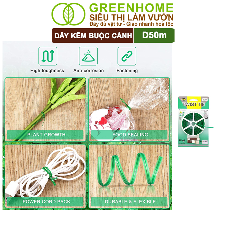 Dây Buộc Cành Greenhome, Dài 50m, Kẽm Bọc Nhựa, Tích Hợp Đầu Cắt Tiện Lợi, Cố Định Thân Cây, Làm Giàn Leo