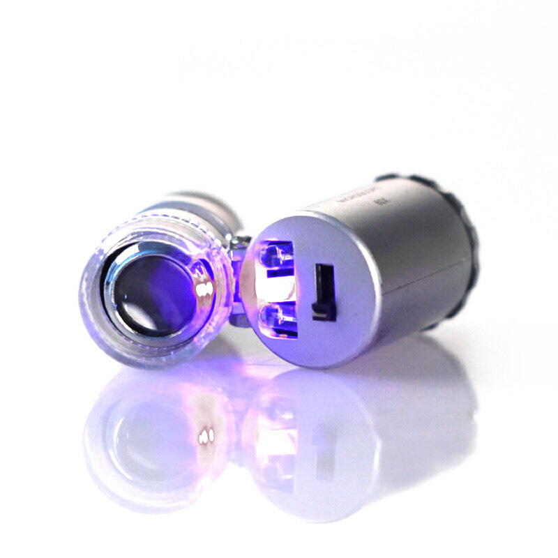 Kính lúp mini phóng đại 60x gập tích hợp 2 đèn led trắng và tím dễ dàng