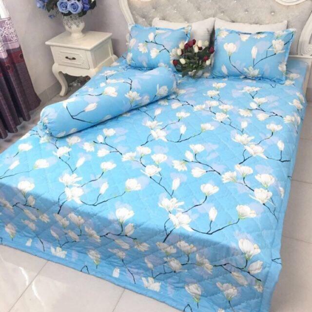 Bộ chăn ga gối poly dây hoa xanh