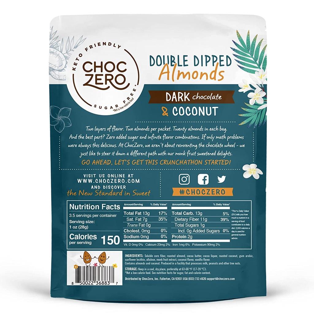 SOCOLA ĐEN - CƠM DỪA BỌC HẠNH NHÂN CHOCOZERO Keto Dark Chocolate Covered Coconut Almonds - Double Dipped, 98g (3.5 oz)