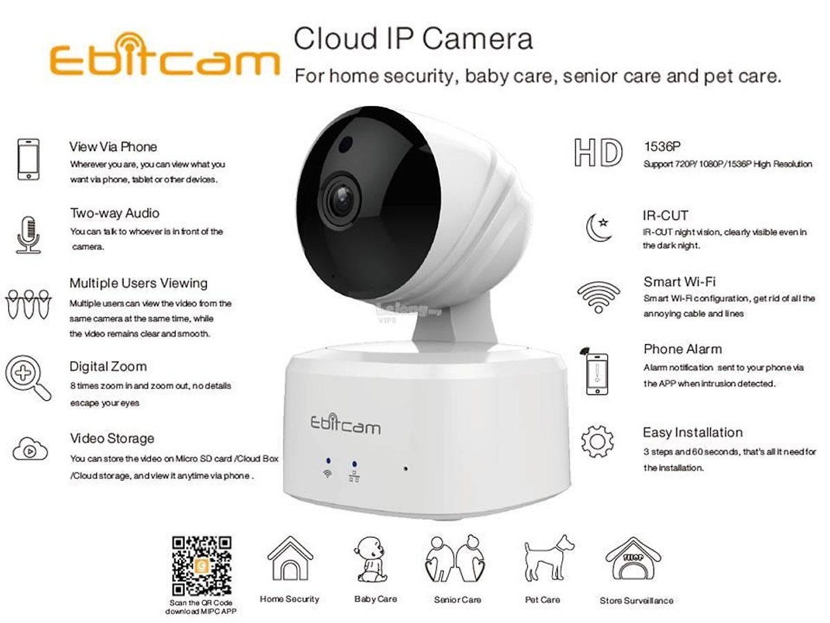 CAMERA IP WIFI 2.0MP EBITCAM E2-X + Tặng thẻ 16GB - Hàng chính hãng