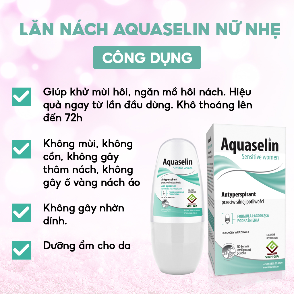 Combo 2 Lăn Khử Mùi AQUASELIN Sensitive Women Không Gây Thâm Nách, Ố Vàng Áo - 50ml