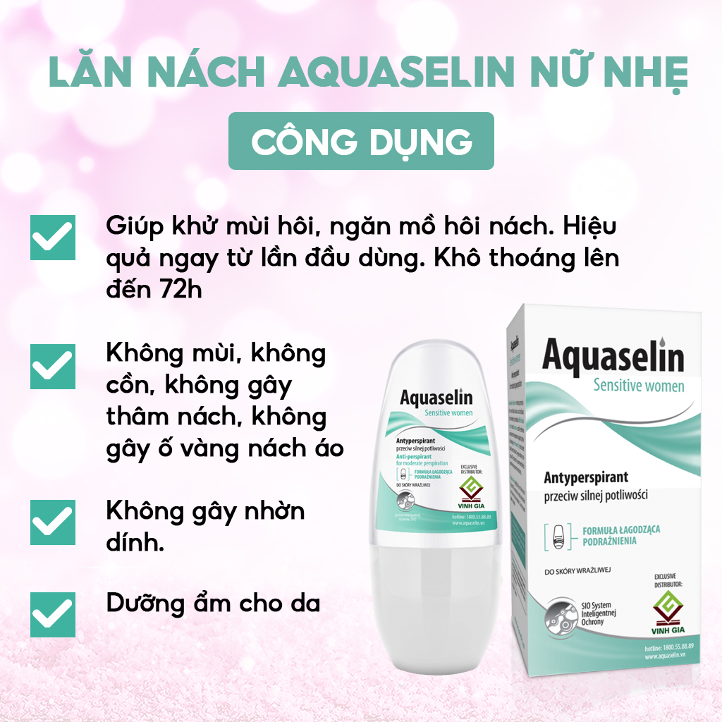 Combo 2 Lăn Khử Mùi AQUASELIN Sensitive Women Không Gây Thâm Nách, Ố Vàng Áo - 50ml