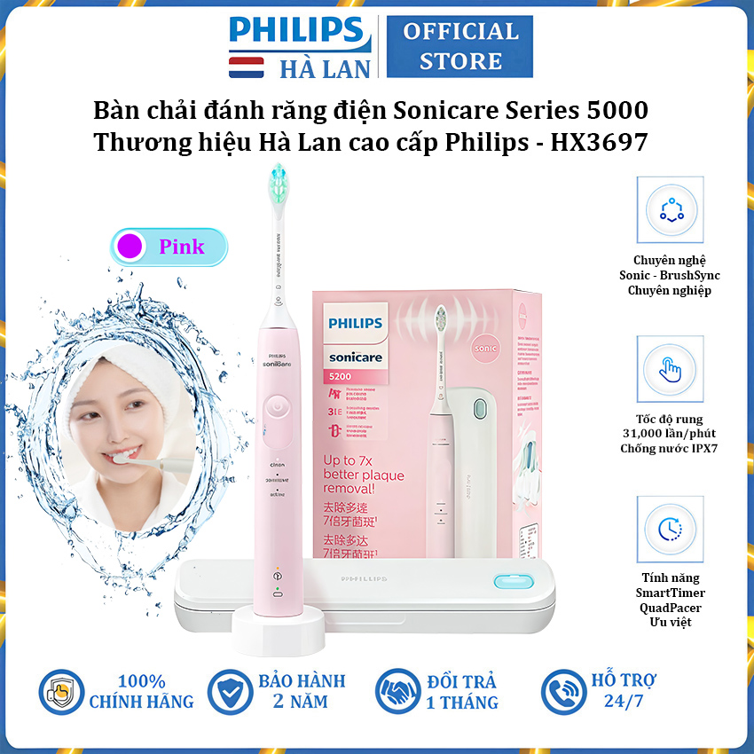 Bàn chải đánh răng điện rhương hiệu Hà Lan cao cấp Philips Sonicare Series 5200 HX3697 - 3 chế độ làm sạch - Hàng chính hãng
