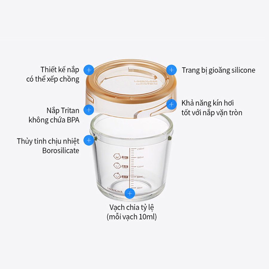 Bộ 3 hộp thủy tinh đựng thực phẩm cho bé LocknLock Baby Food container LLG542S3IVY - 280ml, Nắp vặn chống tràn, chất liệu không BPA an toàn cho trẻ em, có vạch chia - Hàng chính hãng