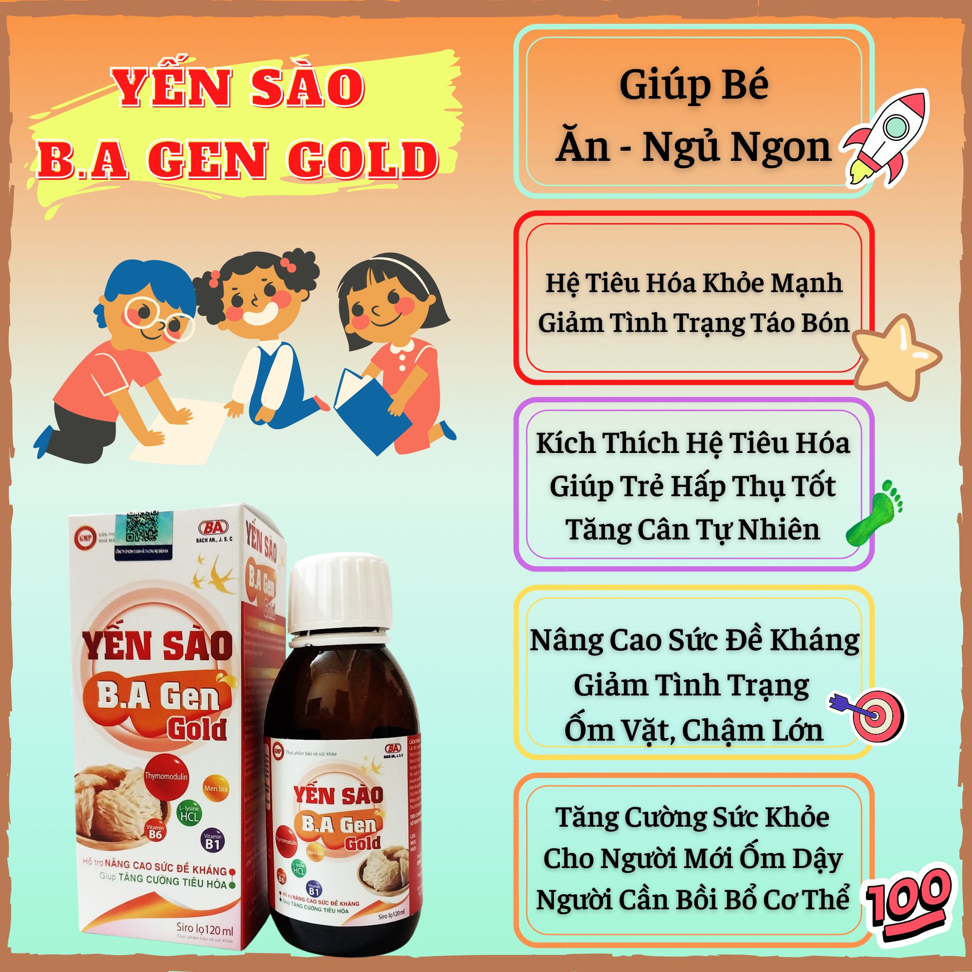 Siro Ăn Ngủ Ngon Cho Bé Biếng Ăn Giúp Bé Tăng Cân Tự Nhiên Kích Thích Hệ Tiêu Hóa Trẻ Giảm Ốm Vặt Hết Biếng Ăn Giảm Táo Bón Tăng Sức Đề Kháng Siro Ăn Ngủ Ngon Yến Sào B.A GenGold 120ml