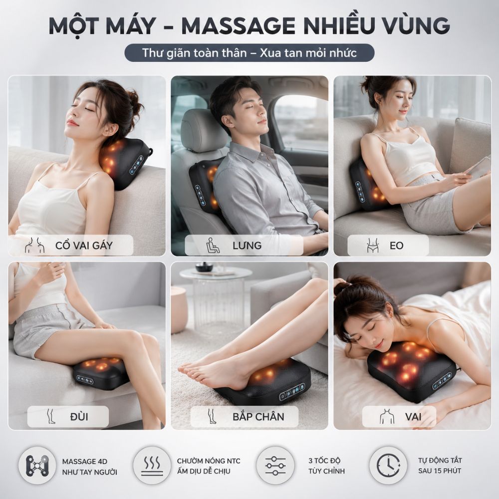 Gối Massage Cổ Vai Gáy Kachi MK450 – Công Nghệ Massage 4D Chườm Nóng - hàng chính hãng
