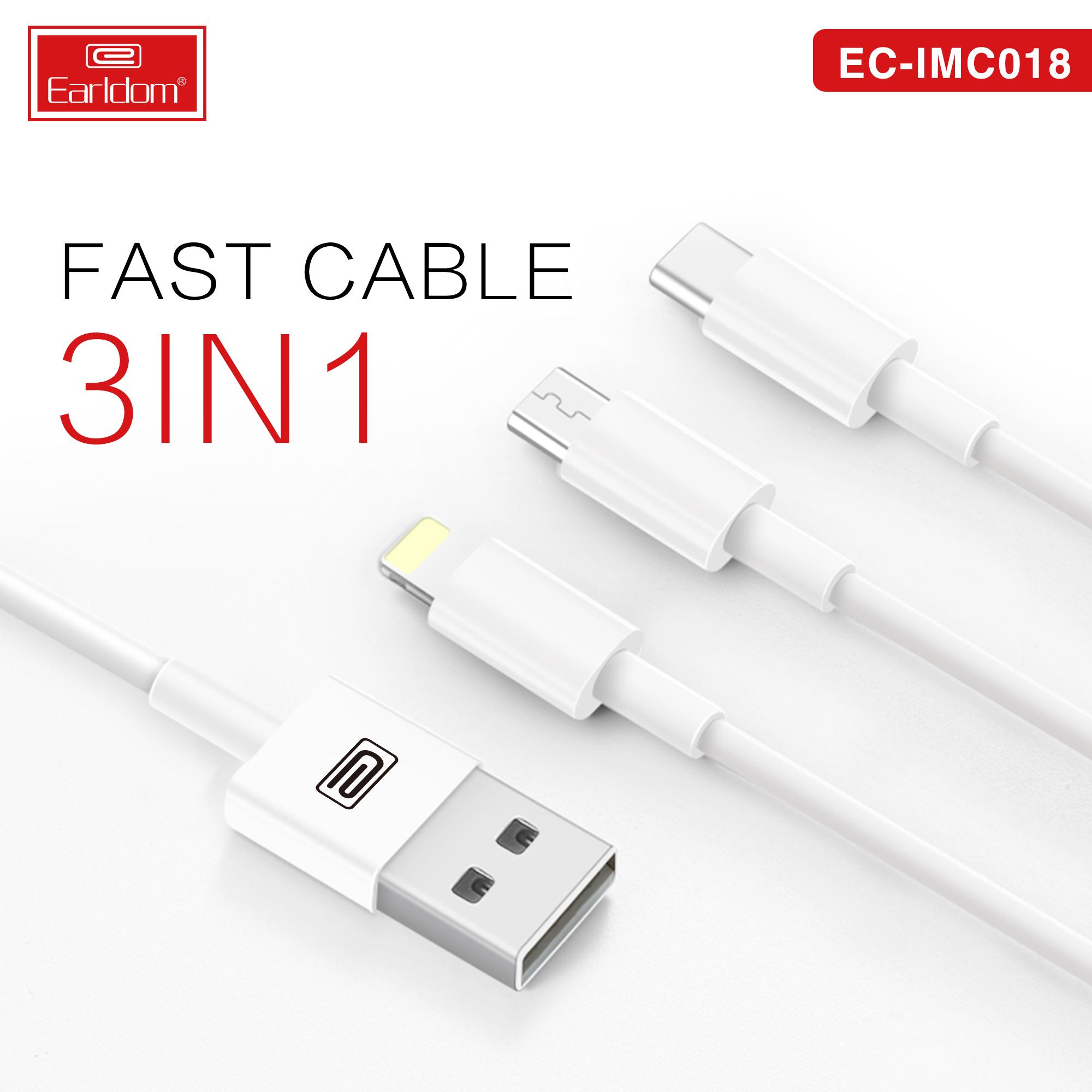 Cáp Sạc 3 Đầu Chính Hãng Sạc Nhanh 3A EARLDOM IMC-018 Dài 1,2M TÍch Hợp 3 Đầu Type-C, Lightning, Micro | Hàng Chính HÃng