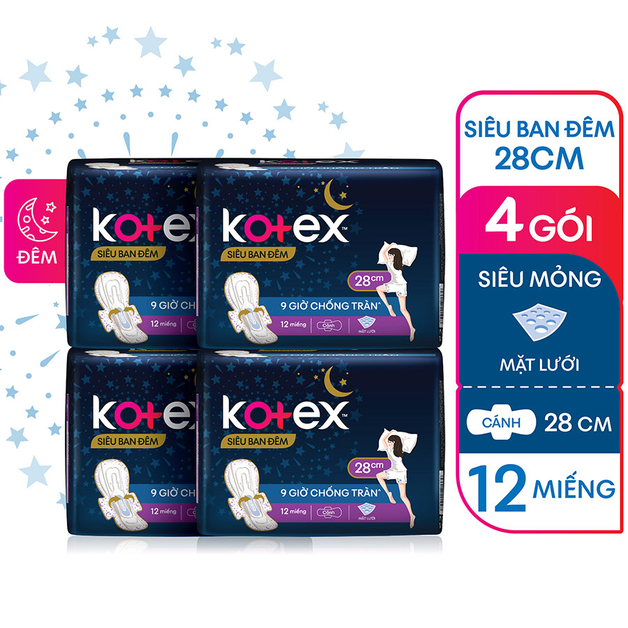 Combo 4 Băng Vệ Sinh Kotex Siêu Ban Đêm 28cm 12 miếng