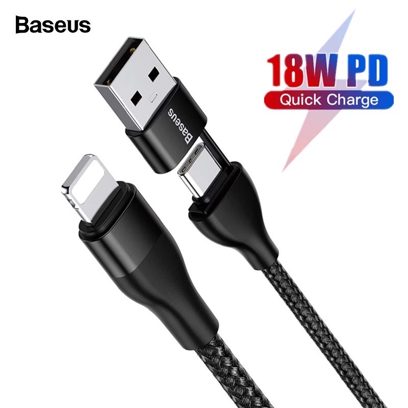 Cáp sạc nhanh baseus dual output cable pd 18w  - dây sạc 2 in 1 typec/typec và typec/iphone cho iphone ipad samsung,...vv - hàng chính hãng