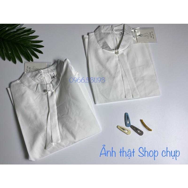 MS051 Áo sơ mi cổ trụ đính ngọc tay lỡ thanh lịch