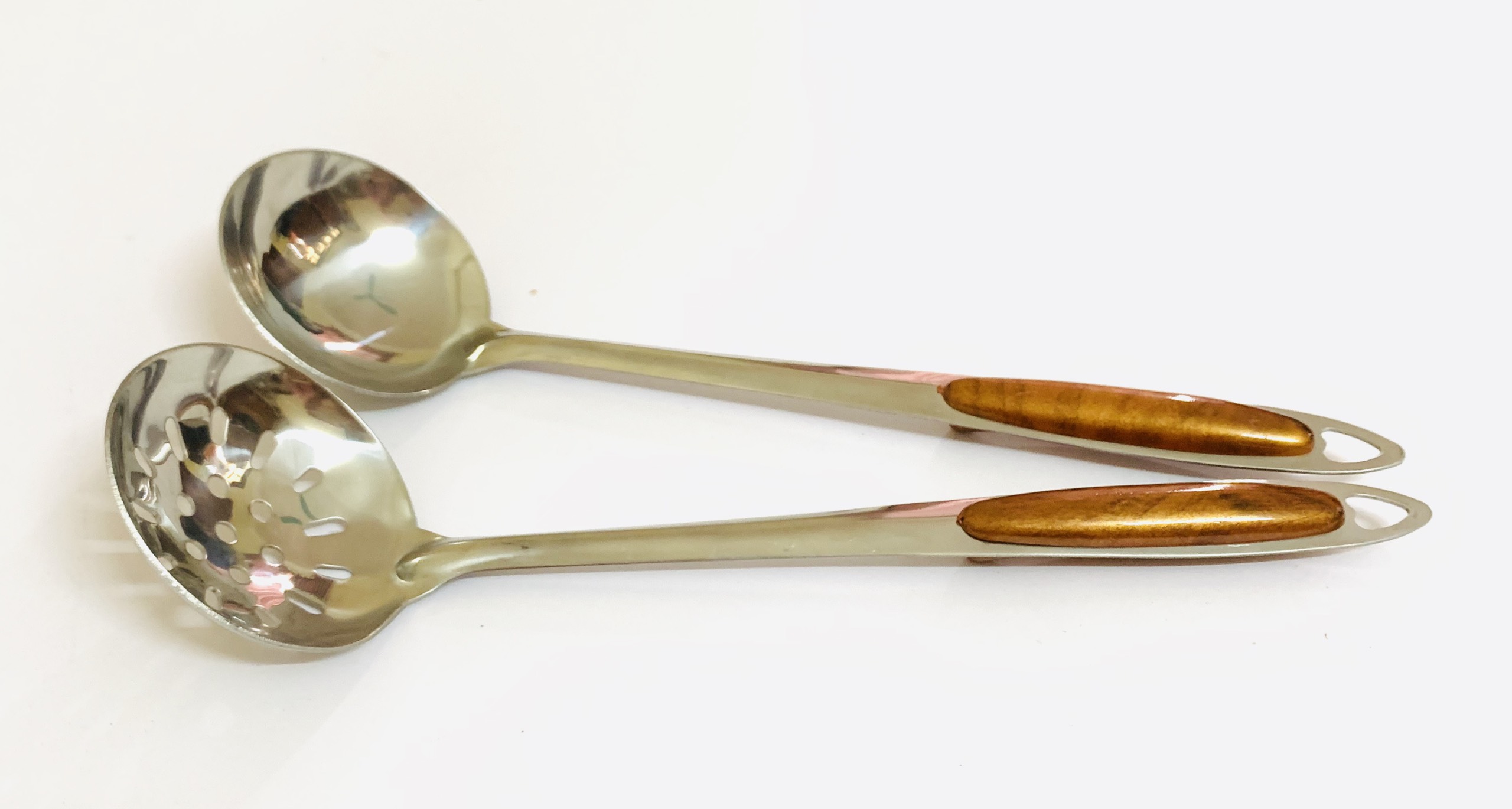 Bộ muôi canh muôi thủng inox cán ốp nâu 7x25cm