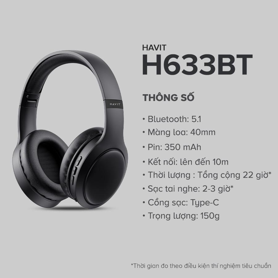 Tai Nghe Headphone Bluetooth HAVIT H633BT, Kiểu Dáng Công Thái Học, Hổ Trợ Đèn Led RGB, Nghe Đến 22H - Hàng Chính Hãng