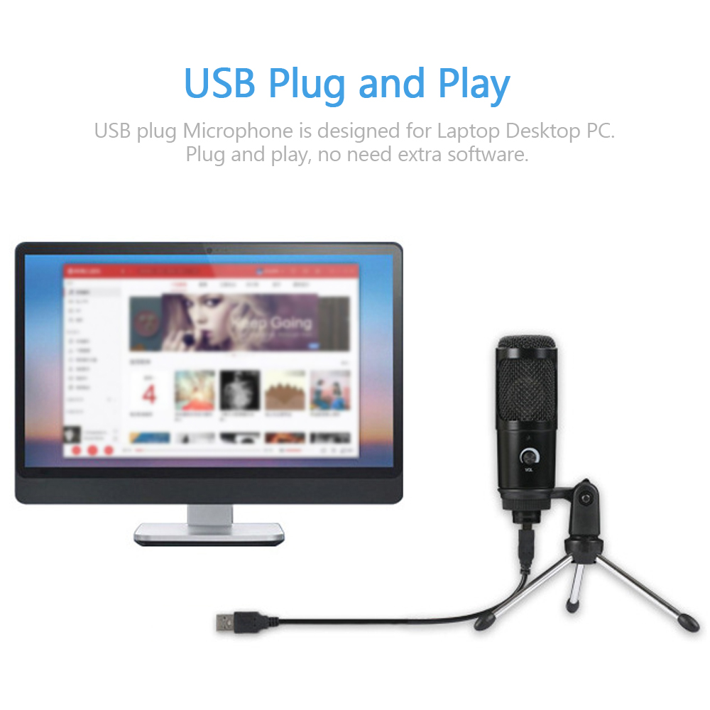 Micrô Ngưng Tụ USB Để Hát Karaoke Ghi Âm Phát Sóng Với TrIPod Plug And Play Cho Máy Tính Xách Tay