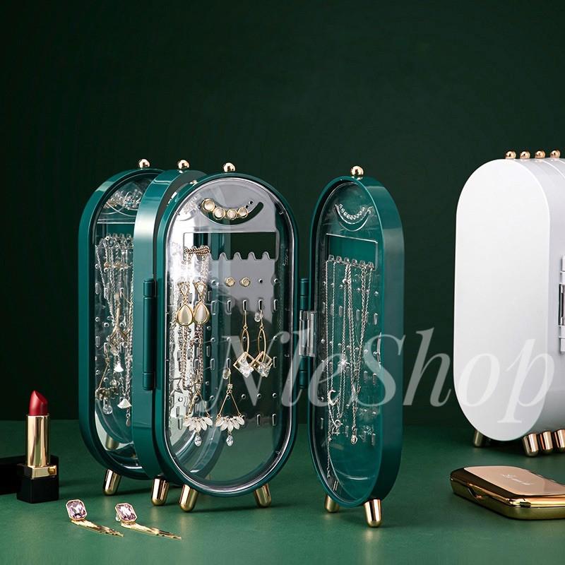 Hộp đựng trang sức 4 khay kéo gấp gọn có gương cao cấp tiện lợi