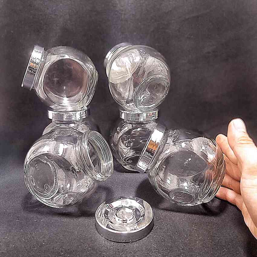 Hũ đựng gia vị đẹp 380ml mẫu Tròn Dẹt kiểu Nghiêng 2 đáy - Nắp nhựa màu bạc - Hũ thủy tinh đựng mứt kẹo, mật ong, sữa ong chúa, thực phẩm, mỹ phẩm