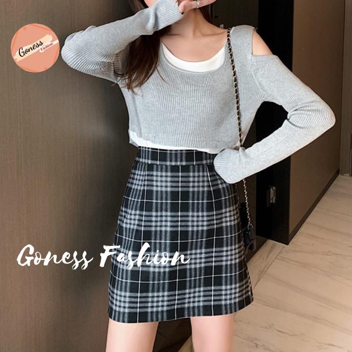Chân váy Goness kẻ caro màu đen dáng chữ A QV441