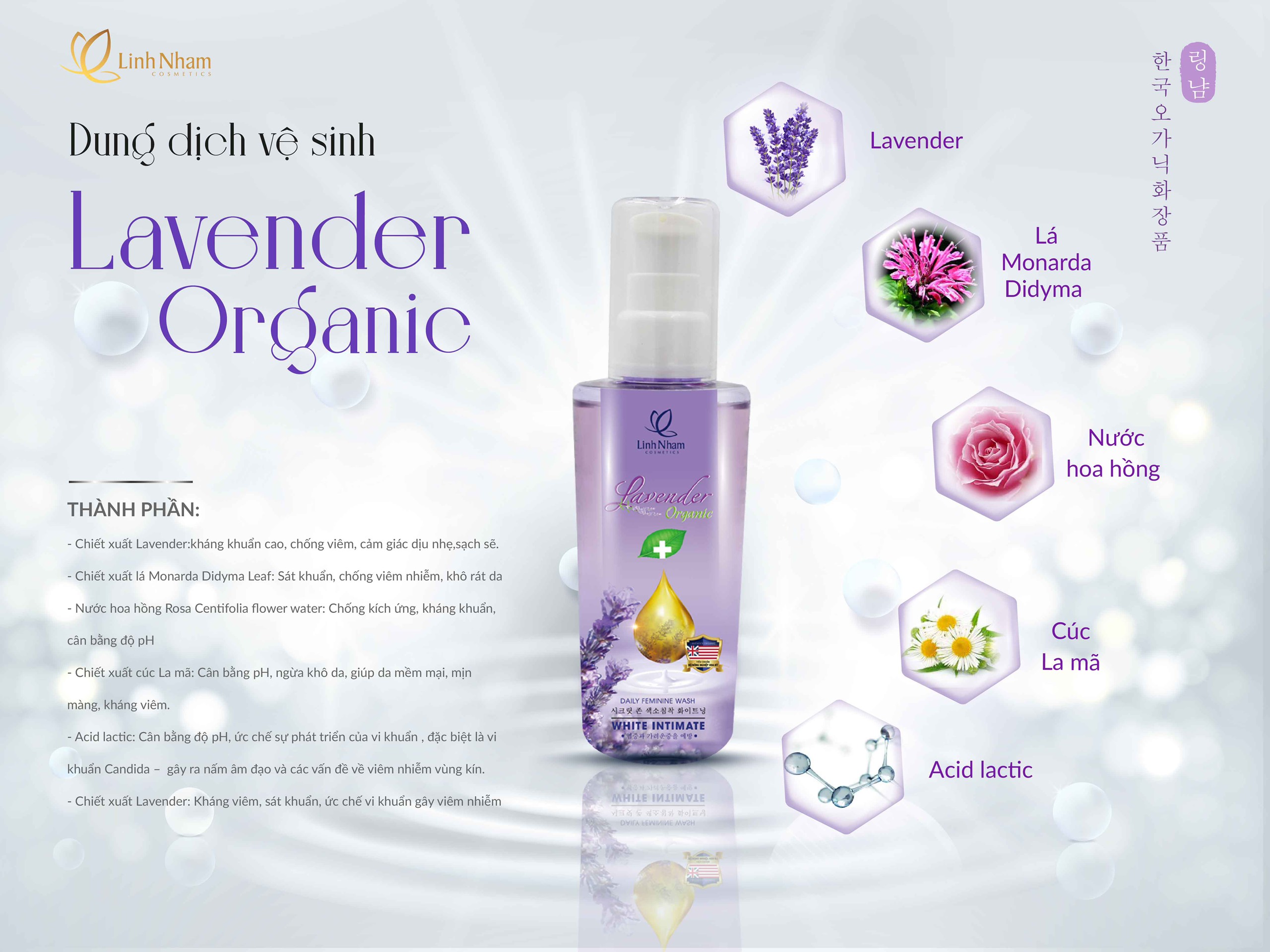 Dung dịch vệ sinh phụ nữ Lavender Organic Linh Nhâm, kháng khuẩn, kháng viêm, chống viêm nhiễm, khử mùi hôi120ml