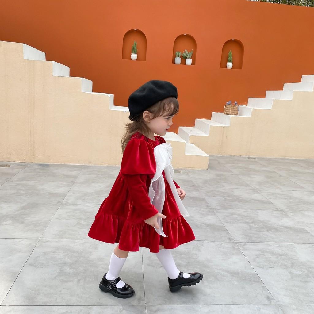 Váy nhung đỏ Cổ Nơ trắng