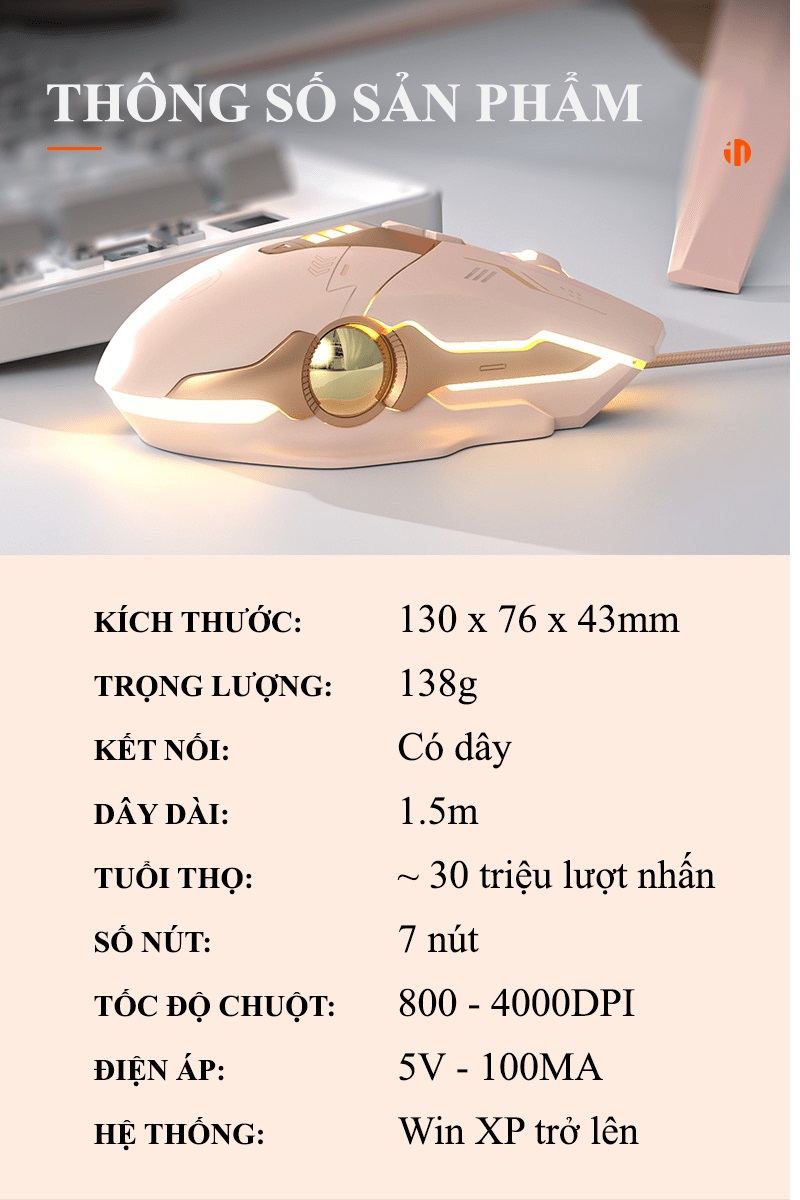 Chuột có dây INPHIC PW5N chuyên game thiết kế màu trà sữa mới lạ có đèn led RGB với tốc độ chuột lên đến 4000DPI - HN - HÀNG CHÍNH HÃNG