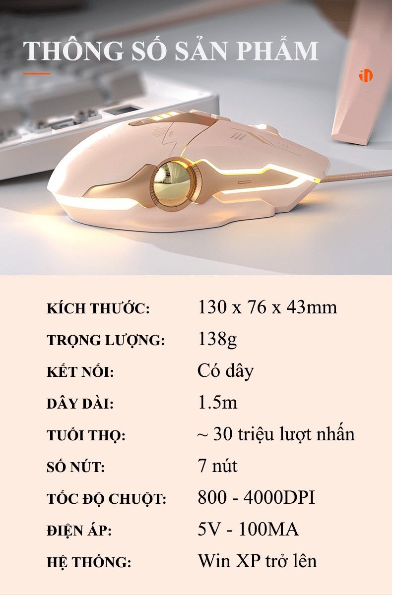 Chuột có dây INPHIC PW5N chuyên game thiết kế màu trà sữa mới lạ có đèn led RGB với tốc độ chuột lên đến 4000DPI - JL - HÀNG CHÍNH HÃNG