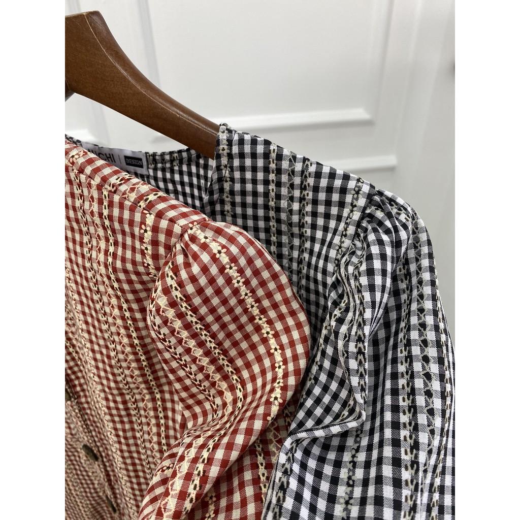 Váy suông sọc caro dáng babydoll, cài cúc thân trước đầm xuông rộng freesize 2 màu đỏ, đen mã V215 - Michi's House