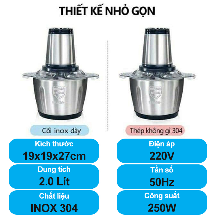 Máy Xay Thực Phẩm Đa Năng 250W Cối INOX 304, Dung Tích 2.0L