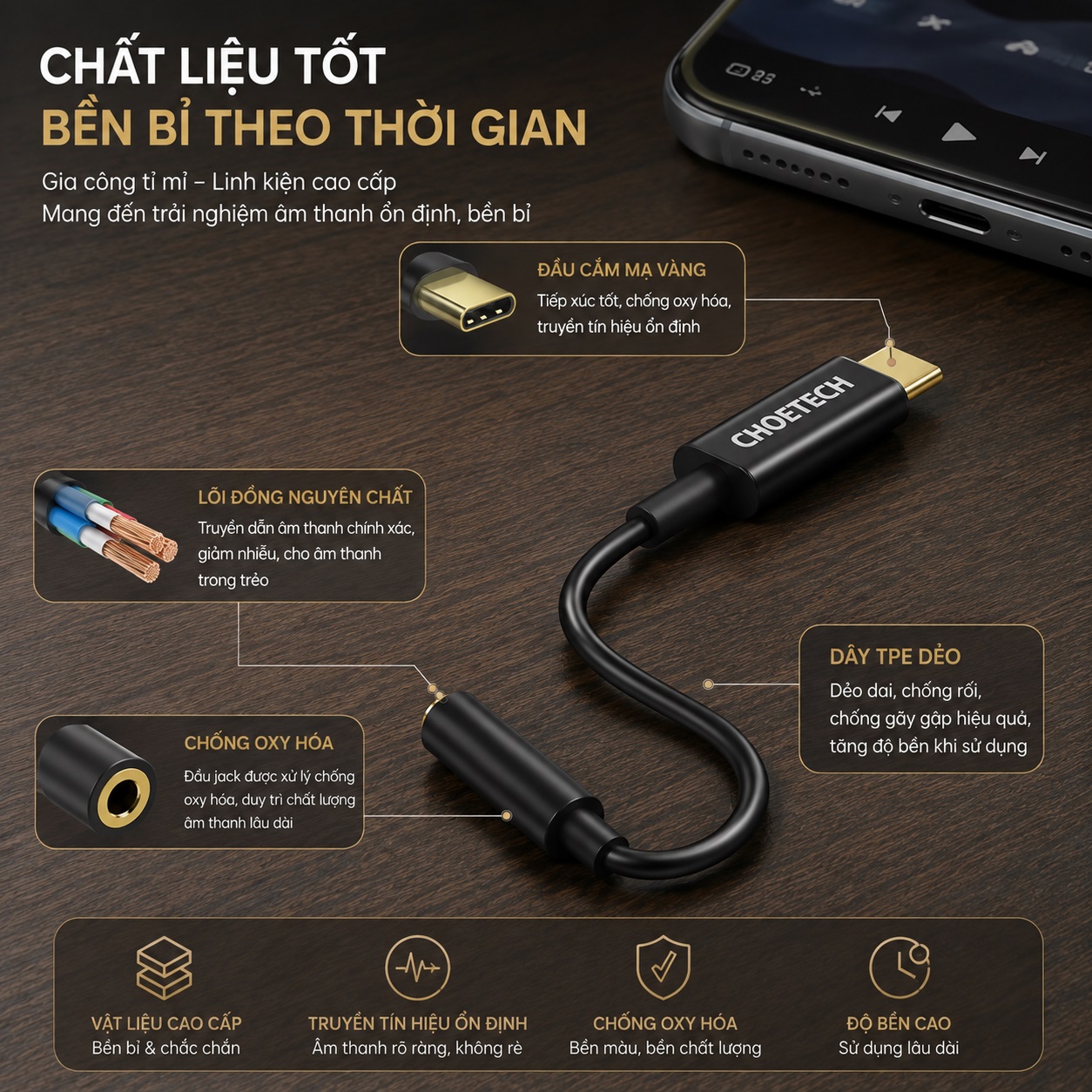 Cáp Chuyển âm thanh USB-C Sang Audio 3.5mm Choetech AUX003-BK Có DAC Hi-Res 24bit/96kHz Cho Tai Nghe Có Dây Loa Ô Tô cho iPad, Macbook, iPhone, Samsung, Huawei, Oppo - Hàng nhập khẩu