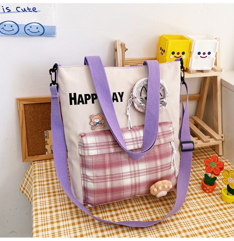 Túi đeo chéo BH Kids, họa tiết Caro HAPPY DAY, vải Canvas, in hình mèo con xinh xắn - CH127