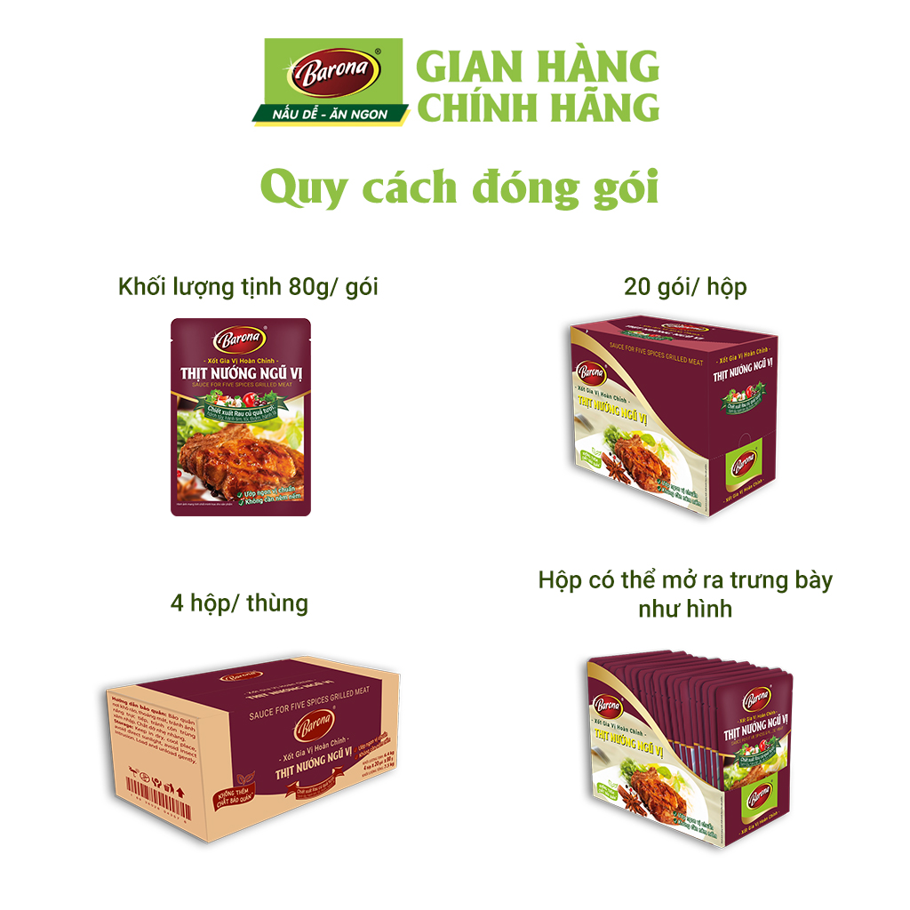 Combo 1 hộp (20 gói) Gia Vị Thịt Nướng Ngũ Vị Barona 80g ướp ngon chuẩn vị không cần nêm nếm